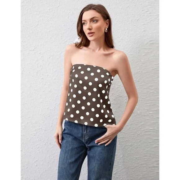 Womens Polka Dot Tube Top Strapless Backless Side Slit Casual Tank Blouse - Picture 3 of 5